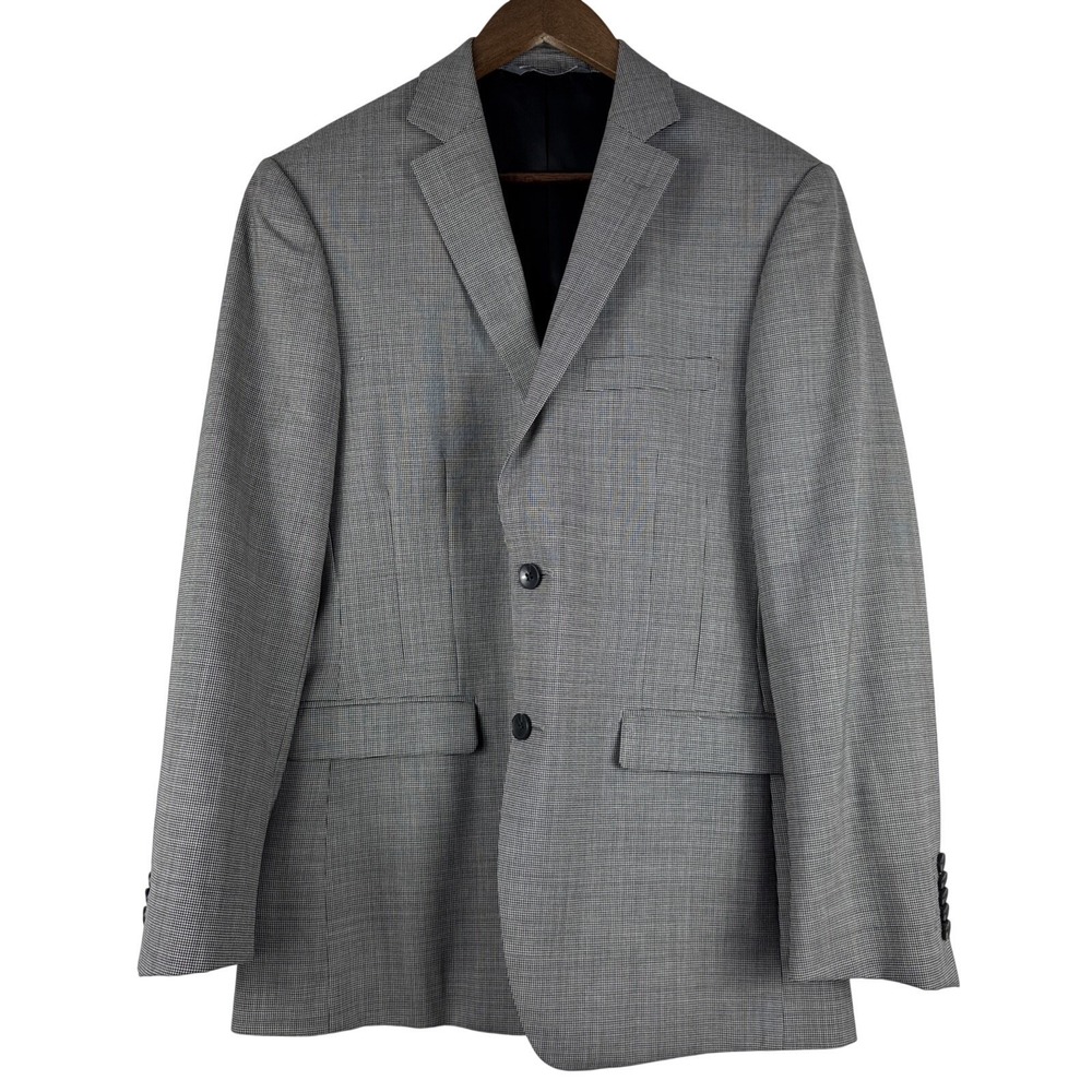 Perry Ellis Blazer Jacket Men's‎ 38R Grey 100% Wool Houndstooth Single Breasted